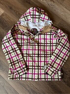Roxy Plaid Hooded Ski Jacket in Pink, Green and Cream